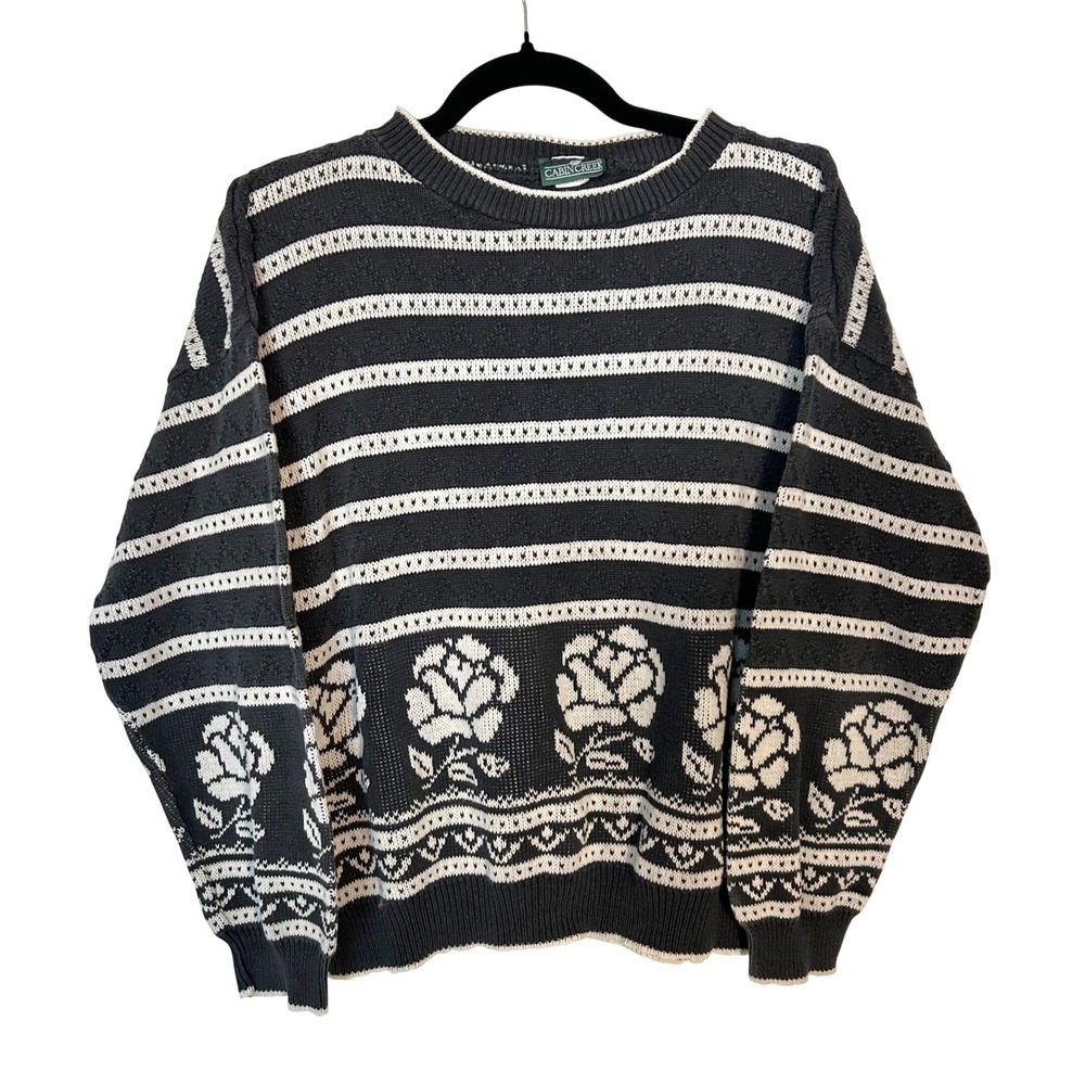 VTG 100% Cotton USA Striped Gray Rose Border Granny knit crew pullover Sweater